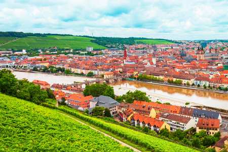 Vineyard and Wurzburg old town aerial panoramic view. Wurzburg or Wuerzburg is a city in Franconia region of Bavaria state, Germany.の写真素材