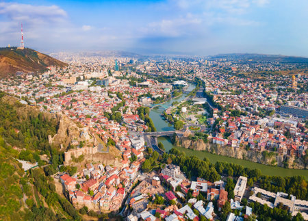 Tbilisi old town aerial panoramic view. Tbilisi is the capital and the largest city of Georgia, lying on the banks of the Kura River.の写真素材