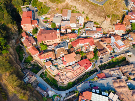 Abanotubani ancient district aerial panoramic view in Tbilisi old town. Tbilisi is the capital and the largest city of Georgia on the banks of the Kura River.の写真素材