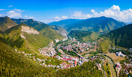Borjomi aerial panoramic view. Borjomi is a resort town in Samtskhe Javakheti region of Georgia.の写真素材