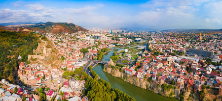 Tbilisi old town aerial panoramic view. Tbilisi is the capital and the largest city of Georgia, lying on the banks of the Kura River.の写真素材
