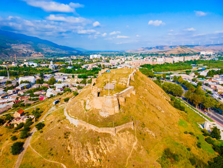 Gori Fortress or Goris Tsikhe aerial panoramic view, Georgia. It is a medieval citadel in Georgia, situated above the city of Gori on a rocky hill.の写真素材