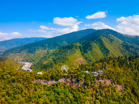Borjomi aerial panoramic view. Borjomi is a resort town in Samtskhe Javakheti region of Georgia.の写真素材