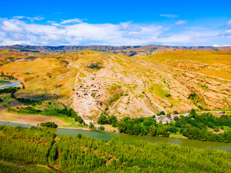 Uplistsikhe aerial panoramic view. Uplistsikhe is an ancient rock hewn town near Gori in Shida Kartli region of Georgiaの写真素材