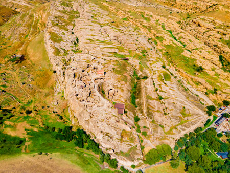 Uplistsikhe aerial panoramic view. Uplistsikhe is an ancient rock hewn town near Gori in Shida Kartli region of Georgiaの写真素材
