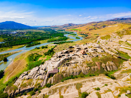 Uplistsikhe aerial panoramic view. Uplistsikhe is an ancient rock hewn town near Gori in Shida Kartli region of Georgiaの写真素材