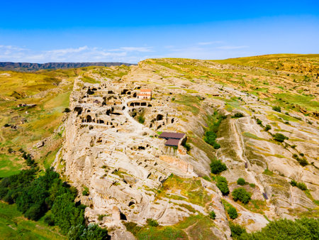 Uplistsikhe aerial panoramic view. Uplistsikhe is an ancient rock hewn town near Gori in Shida Kartli region of Georgiaの写真素材