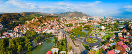 Tbilisi old town aerial panoramic view. Tbilisi is the capital and the largest city of Georgia, lying on the banks of the Kura River.の写真素材