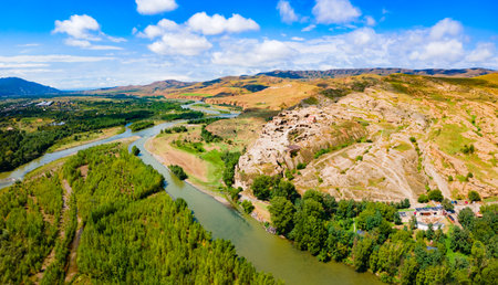 Uplistsikhe aerial panoramic view. Uplistsikhe is an ancient rock hewn town near Gori in Shida Kartli region of Georgiaの写真素材