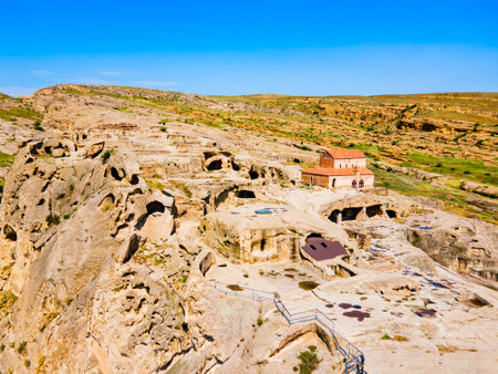 Uplistsikhe aerial panoramic view. Uplistsikhe is an ancient rock hewn town near Gori in Shida Kartli region of Georgiaの写真素材