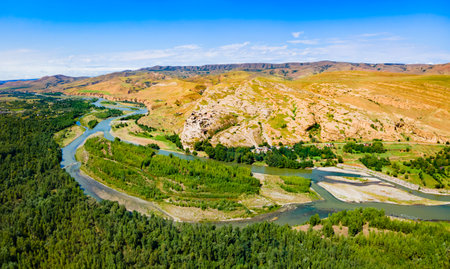 Uplistsikhe aerial panoramic view. Uplistsikhe is an ancient rock hewn town near Gori in Shida Kartli region of Georgiaの写真素材