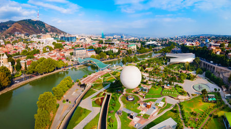 Tbilisi old town aerial panoramic view. Tbilisi is the capital and the largest city of Georgia, lying on the banks of the Kura River.の写真素材