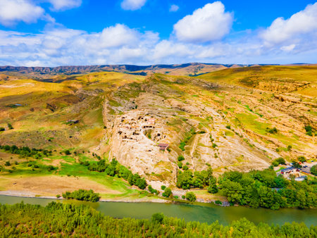Uplistsikhe aerial panoramic view. Uplistsikhe is an ancient rock hewn town near Gori in Shida Kartli region of Georgiaの写真素材