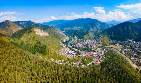 Borjomi aerial panoramic view. Borjomi is a resort town in Samtskhe Javakheti region of Georgia.の写真素材