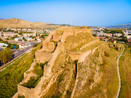 Gori Fortress or Goris Tsikhe aerial panoramic view, Georgia. It is a medieval citadel in Georgia, situated above the city of Gori on a rocky hill.の写真素材