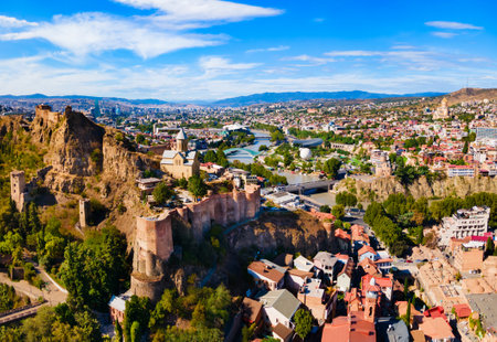 Narikala fortress aerial panoramic view in Tbilisi old town. Tbilisi is the capital and the largest city of Georgia on the banks of the Kura River.の写真素材