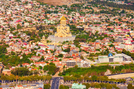 Tbilisi old town aerial panoramic view. Tbilisi is the capital and the largest city of Georgia, lying on the banks of the Kura River.の写真素材