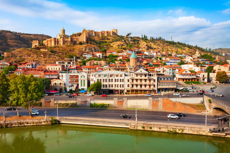 Tbilisi old town aerial panoramic view. Tbilisi is the capital and the largest city of Georgia, lying on the banks of the Kura River.の写真素材