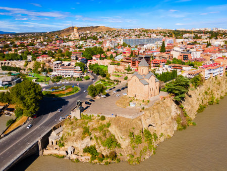 Metekhi Church aerial panoramic view in Tbilisi old town. Tbilisi is the capital and the largest city of Georgia, lying on the banks of the Kura River.の写真素材