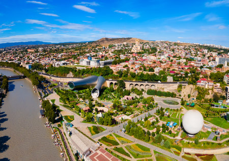 Tbilisi old town aerial panoramic view. Tbilisi is the capital and the largest city of Georgia, lying on the banks of the Kura River.の写真素材