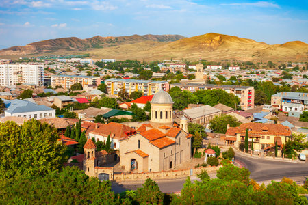 Gori Cathedral of Saint Mary town aerial panoramic view, Georgia. Gori is a city in eastern Georgia, which serves as the regional capital of Shida Kartli.の写真素材
