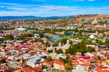 Tbilisi old town aerial panoramic view. Tbilisi is the capital and the largest city of Georgia, lying on the banks of the Kura River.の写真素材