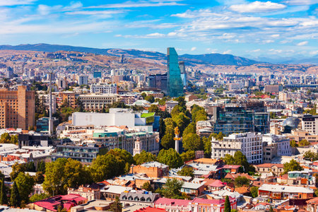 Tbilisi old town aerial panoramic view. Tbilisi is the capital and the largest city of Georgia, lying on the banks of the Kura River.の写真素材