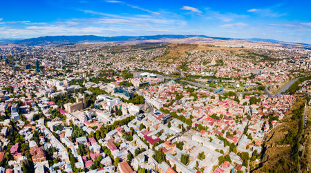 Tbilisi old town aerial panoramic view. Tbilisi is the capital and the largest city of Georgia, lying on the banks of the Kura River.の写真素材