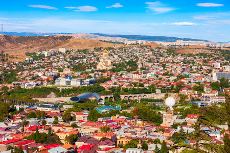Tbilisi old town aerial panoramic view. Tbilisi is the capital and the largest city of Georgia, lying on the banks of the Kura River.の写真素材