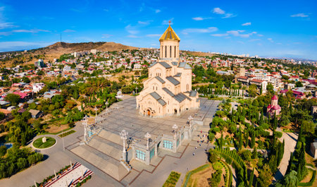 Holy Trinity Cathedral or Tsminda Sameba Church aerial panoramic view in Tbilisi old town. Tbilisi is the capital and the largest city of Georgia, lying on the banks of the Kura River.の写真素材