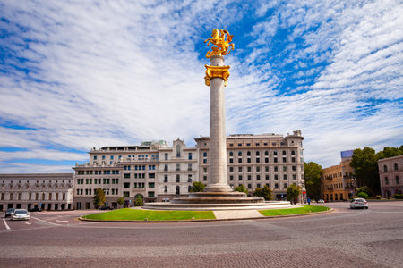 St. George monument at Freedom Square or Liberty Square in Tbilisi old town. Tbilisi is the capital and the largest city of Georgia on the Kura River.の写真素材