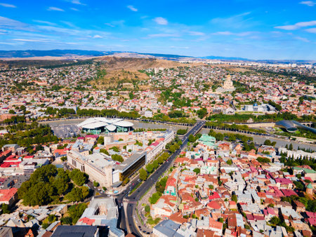 Tbilisi old town aerial panoramic view. Tbilisi is the capital and the largest city of Georgia, lying on the banks of the Kura River.の写真素材