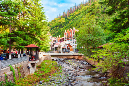 Borjomula river in Borjomi town. Borjomi is a resort town in Samtskhe Javakheti region of Georgia.の写真素材