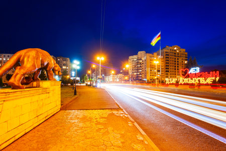 Vladikavkaz, Russia - September 25, 2020: Snow Leopard statue and I Love Vladikavkaz sign in Vladikavkaz city, North Ossetia Alania, Russia at nightのeditorial素材