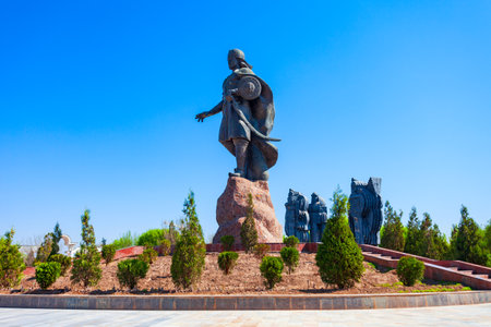 Urgench, Uzbekistan - April 13, 2021: Jalal al-Din Mingburnu Khwarazmshah or Jaloliddin Manguberdi monument and park in Urgench city, Uzbekistanのeditorial素材