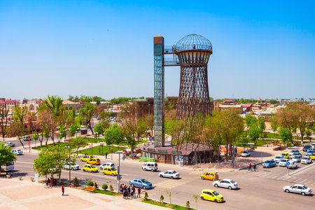 Bukhara, Uzbekistan - April 16, 2021: Bukhara Water Tower or Shukhov Tower is located opposite the Ark fortress in Bukhara city, Uzbekistanのeditorial素材