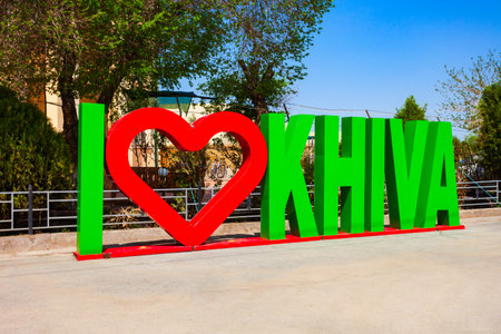 Khiva, Uzbekistan - April 15, 2021: Volumetric inscription I Love Khiva at the Ichan Kala, an ancient walled inner town of the city of Khiva in Uzbekistanのeditorial素材
