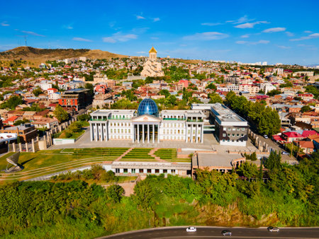 Tbilisi, Georgia - September 04, 2021: Ceremonial Palace of Georgia or Presidential Administration aerial panoramic view in Tbilisi town. Tbilisi is the capital city of Georgia.のeditorial素材