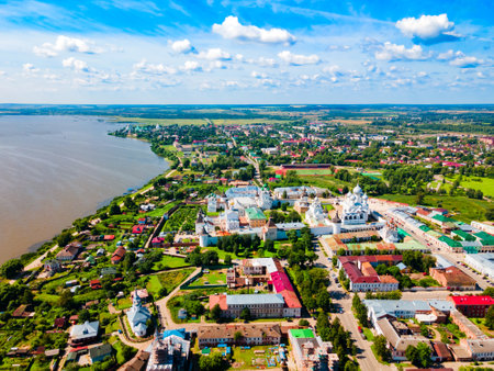 Rostov Kremlin and Lake Nero aerial panoramic view in Rostov Veliky or Rostov the Great in Yaroslavl Oblast, Golden Ring of Russiaの写真素材