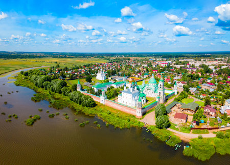 Spaso-Yakovlevsky Monastery or Monastery of St. Jacob Saviour and Lake Nero aerial panoramic view in Rostov Veliky city in Yaroslavl Oblast, Russiaの写真素材
