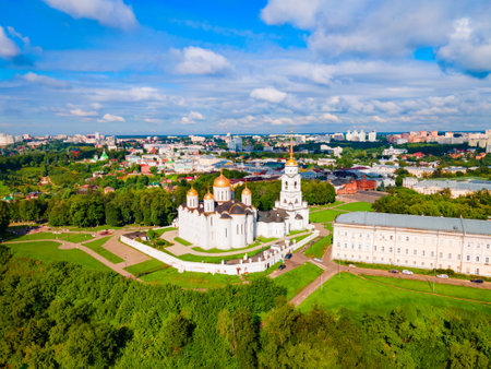 Dormition or Holy Assumption Cathedral aerial panoramic view in Vladimir city, Golden Ring of Russiaの写真素材