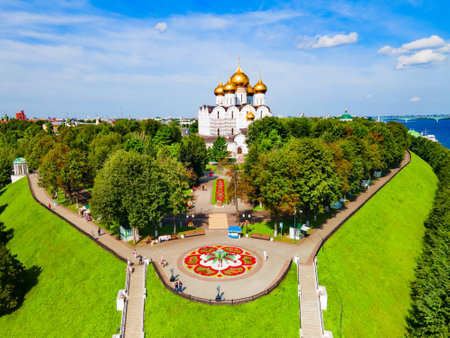 Assumption Cathedral or Uspensky Sobor aerial panoramic view in Yaroslavl city, Golden Ring of Russiaの写真素材