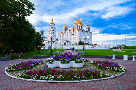 Dormition or Holy Assumption Cathedral in Vladimir city, Golden Ring of Russia at sunsetの写真素材