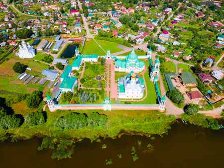 Spaso-Yakovlevsky Monastery or Monastery of St. Jacob Saviour and Lake Nero aerial panoramic view in Rostov Veliky city in Yaroslavl Oblast, Russiaの写真素材