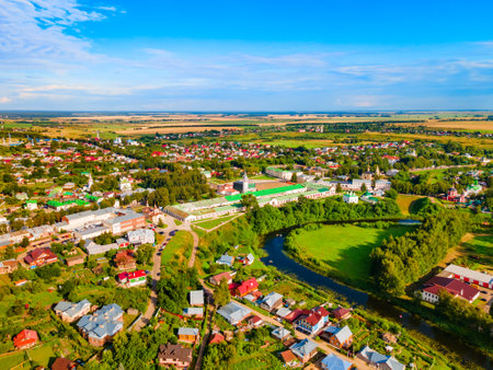 Gostiny Dvor trading rows with arcades aerial panoramic view in Suzdal city, Golden Ring of Russiaの写真素材