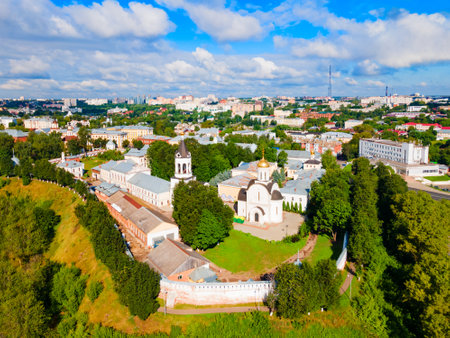 Church inside the Vladimir Kremlin aerial panoramic view. Kremlin is an ancient fortified complex in the centre of Vladimir city, Golden Ring of Russia.の写真素材