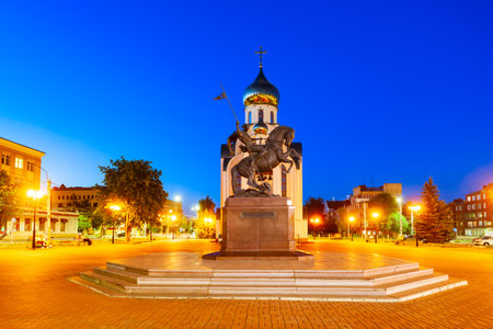 Church of St. George and The Icon of Our Lady Perishing at the Victory Square in Ivanovo city, Golden Ring of Russia at nightの写真素材