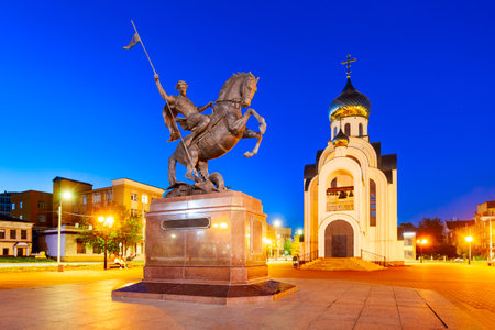 Church of St. George and The Icon of Our Lady Perishing at the Victory Square in Ivanovo city, Golden Ring of Russia at nightの写真素材