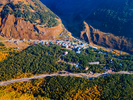 Terskol aerial panoramic view. Terskol is a village located at the foot of Mount Elbrus, the highest mountain peak in Russia and Europe.の写真素材