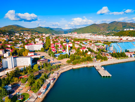 Tuapse aerial panoramic view. Tuapse is a resort town located on the Black Sea shore in Krasnodar Krai, Russia.の写真素材